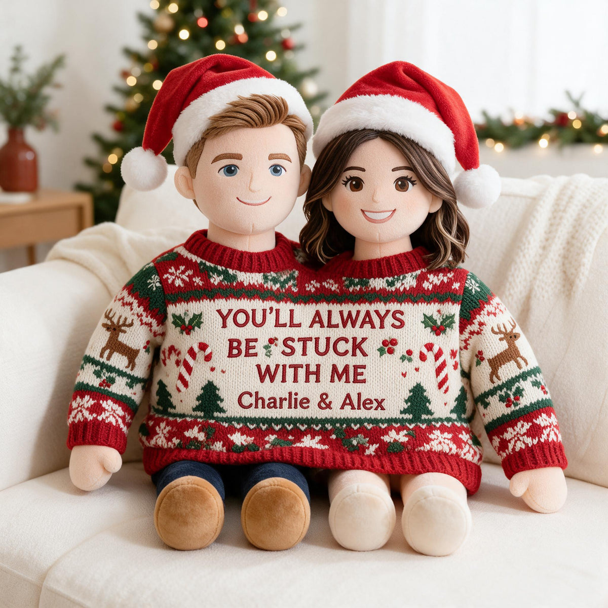 Custom Photo Christmas Couple Faux Fur Pillow - Husband Wife Holiday Home Gift