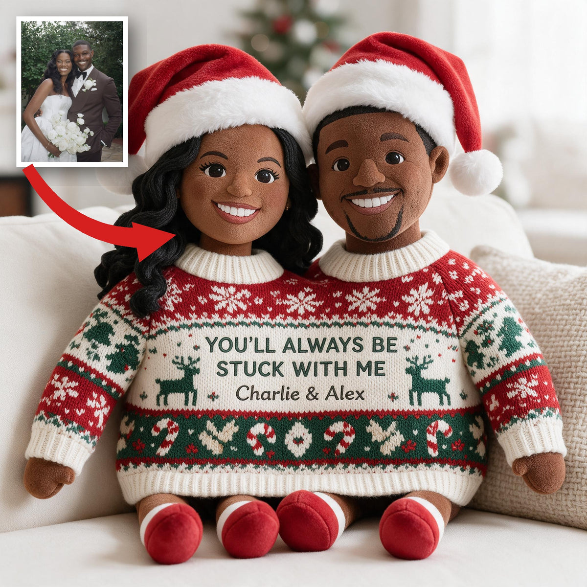 Custom Photo Christmas Black Couple Faux Fur Pillow, Wedding Couple Gift