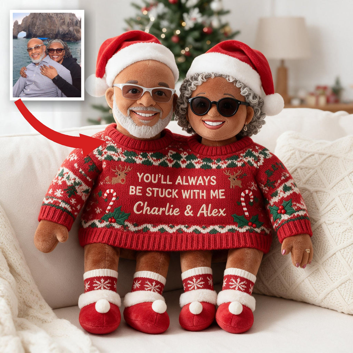 Custom Photo Christmas Middle-Aged Black Couple Faux Fur Pillow, Holiday Couple Gift
