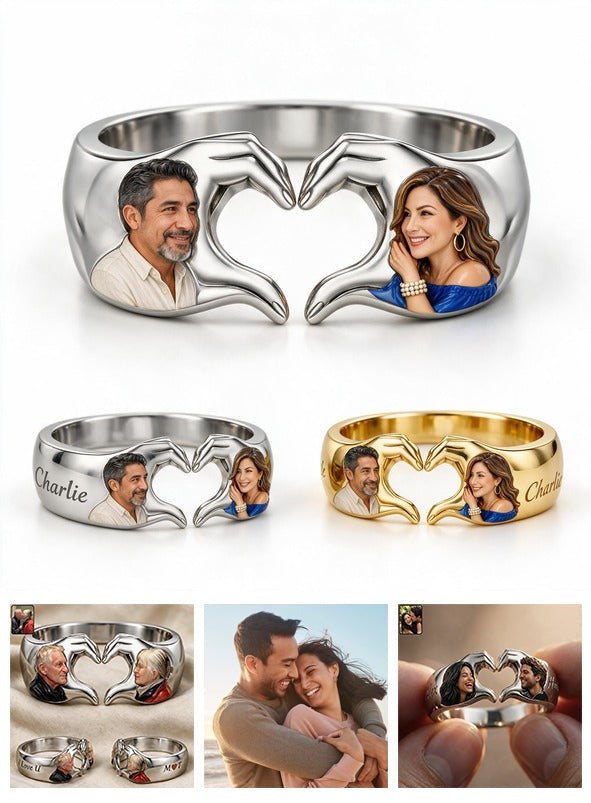 Personalized Anniversary Middle-Aged Latino Couple Hand Heart Ring Gift