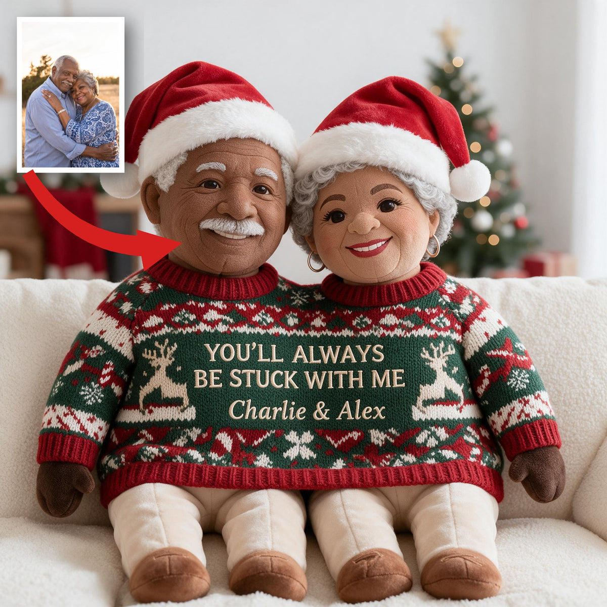 Custom Photo Christmas Older Black Couple Faux Fur Pillow, Couple Gift