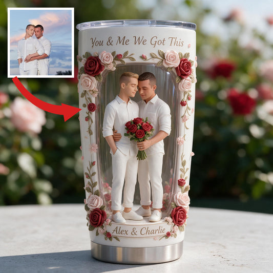 Custom Photo Gay Couple Floral Tumbler, LGBT Couple Gift