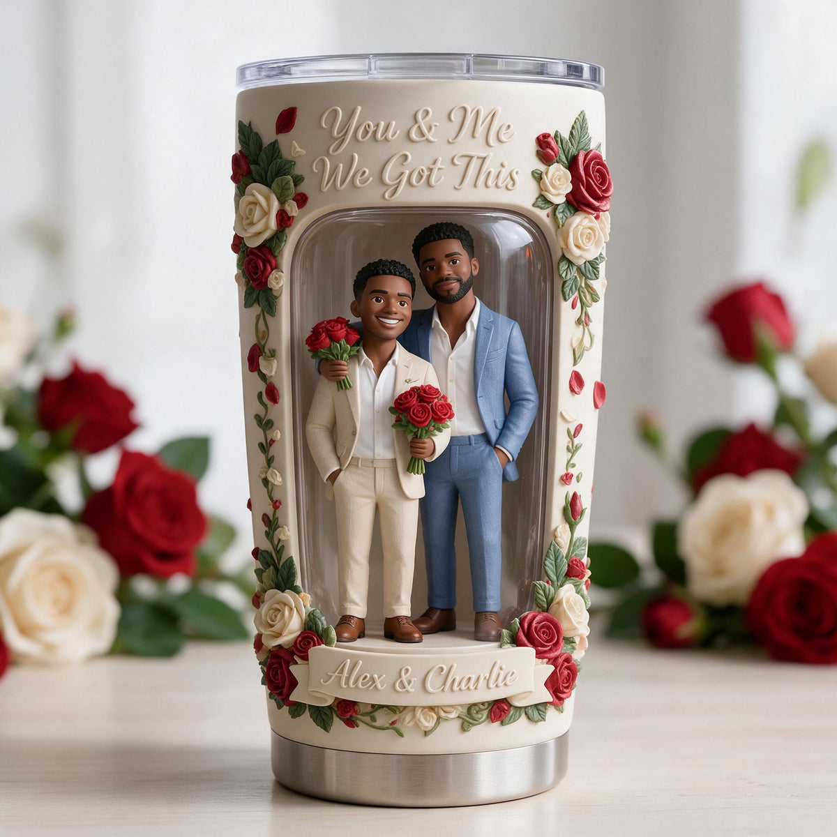Custom Photo Black Gay Couple Tumbler, LGBT Couple Keepsake Gift