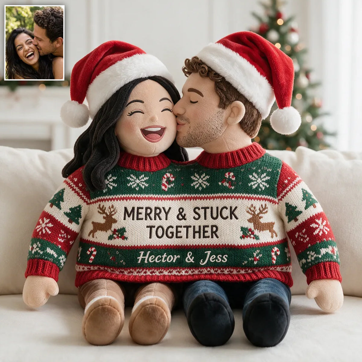 Custom Photo Christmas Middle-Aged Couple Faux Fur Pillow, Husband Wife Personalized Home Gift