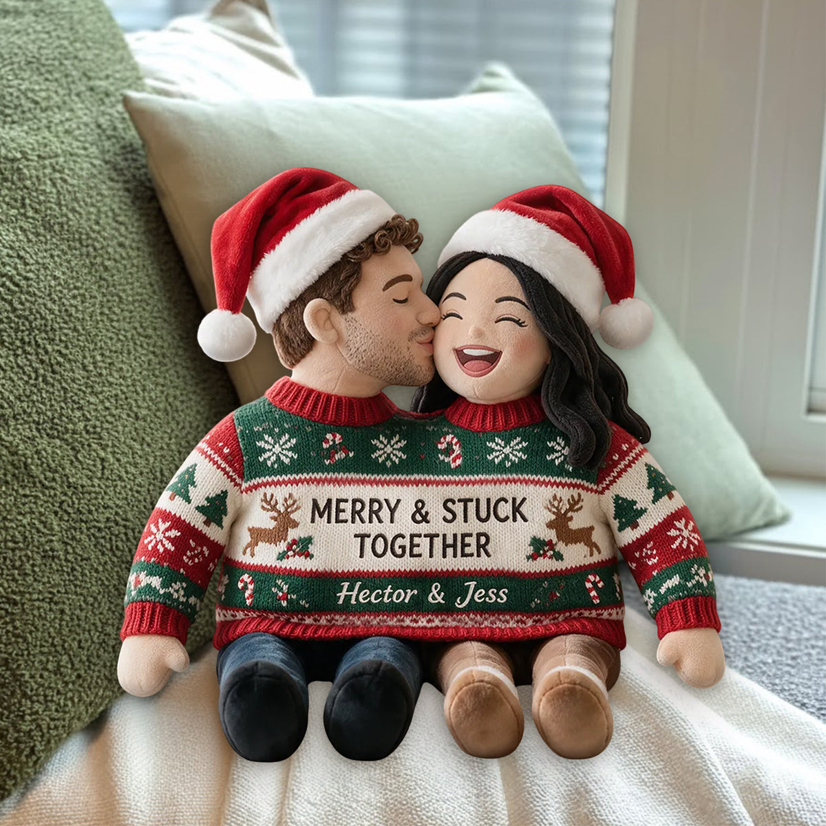 Custom Photo Christmas Latino Couple Faux Fur Pillow, Husband Wife Home Decor Gift