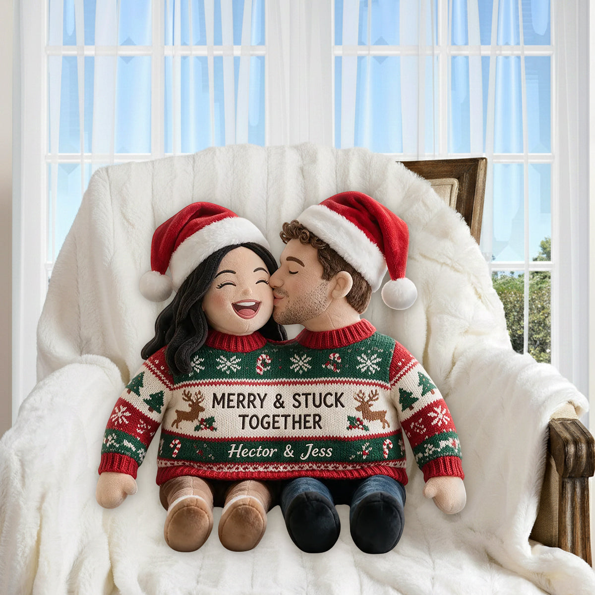 Custom Photo Christmas Middle-Aged Couple Faux Fur Pillow, Husband Wife Personalized Home Gift