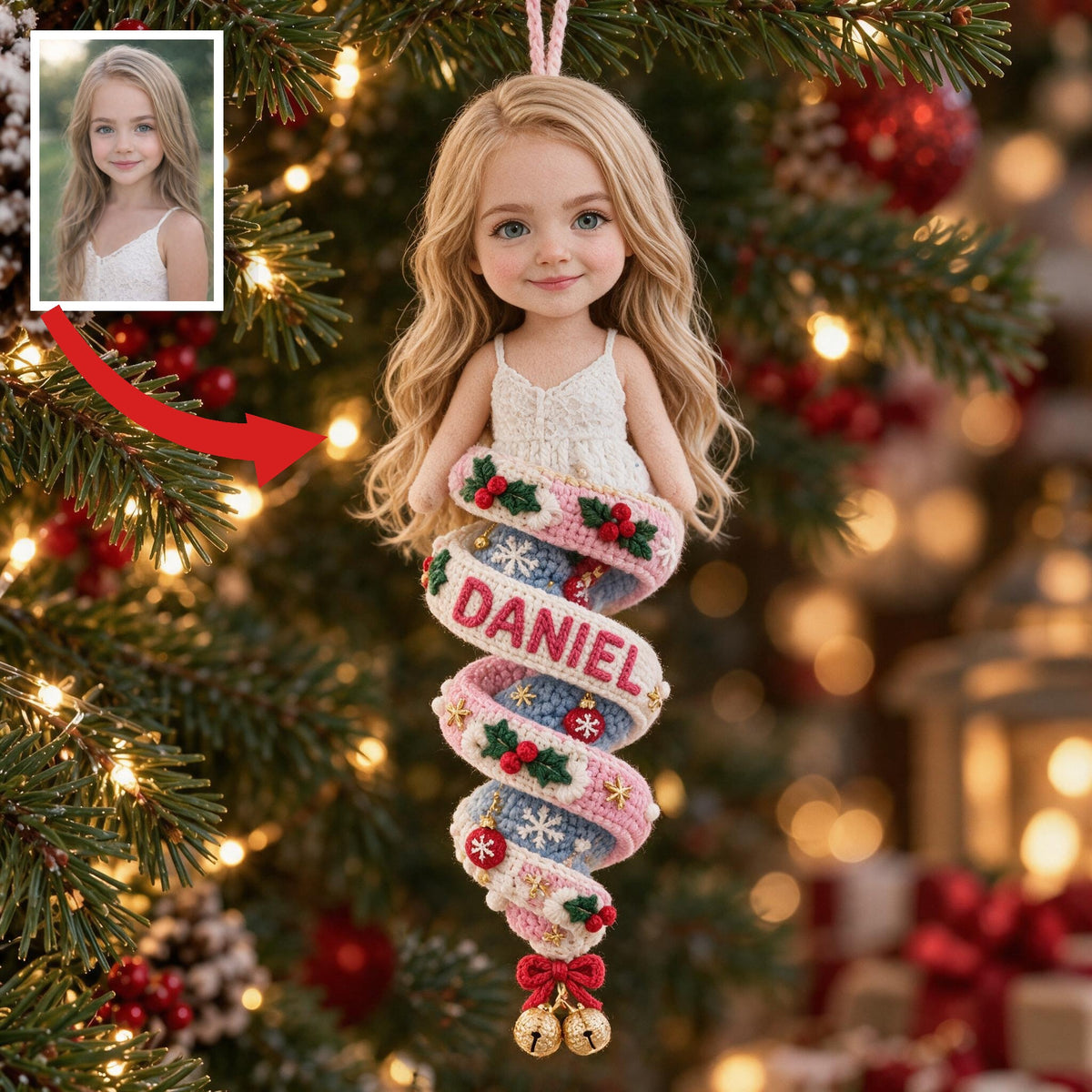 Custom Photo Christmas Little Girl Plush Ornament, Gift for Daughter Granddaughter Niece