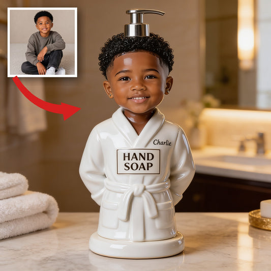 Personalized Black Little Boy Soap Dispenser, Custom Bathroom Gift for Son Grandson Nephew