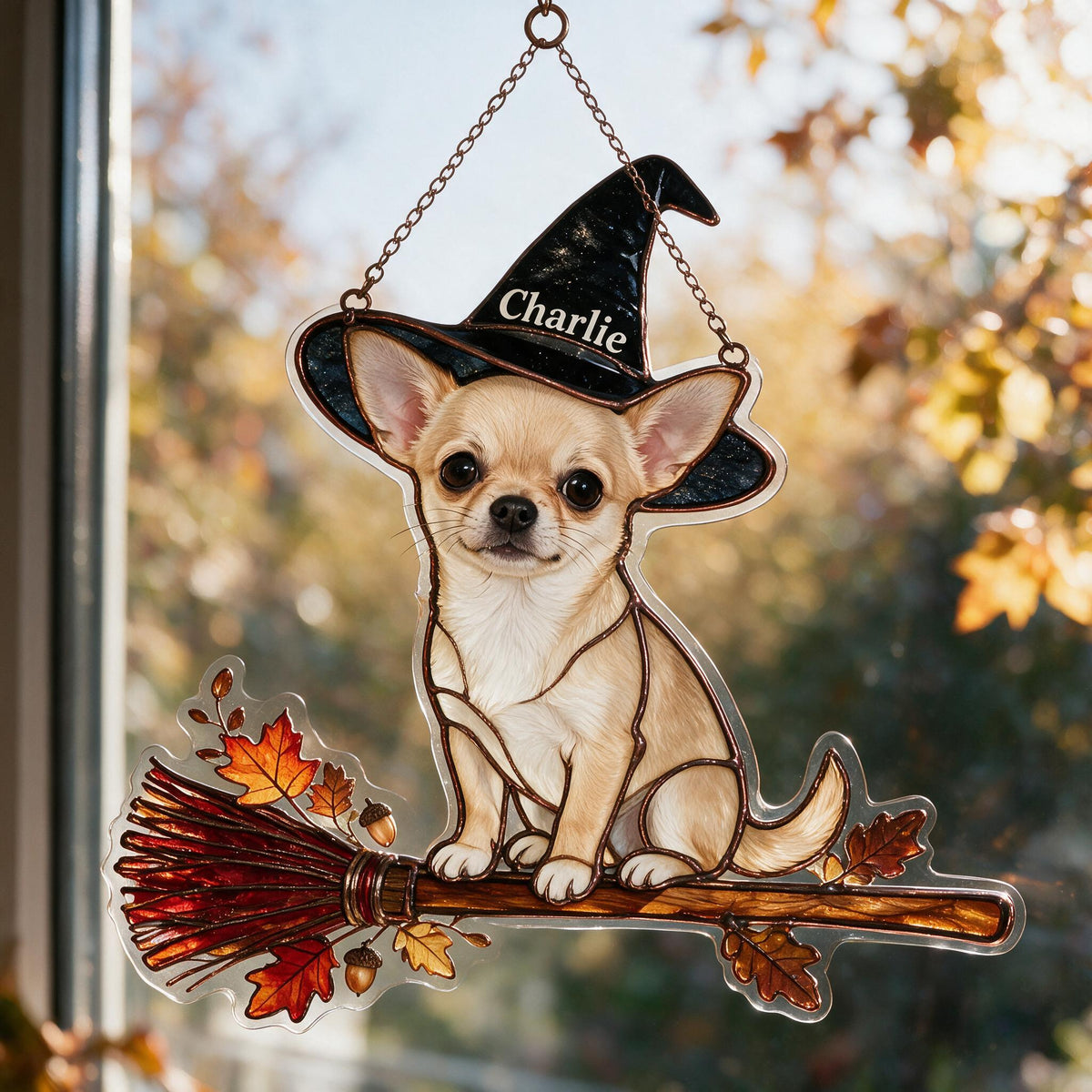 Personalized Halloween Fawn White Chihuahua Puppy 3D Glass Suncatcher