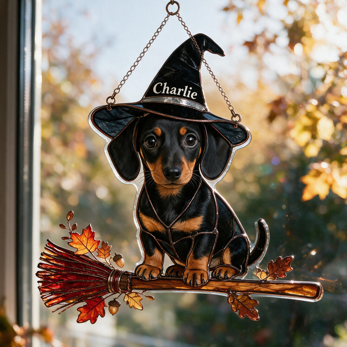 Personalisierter Halloween Schwarz- und Braun-Dackel Welpe 3D-gedruckter Glas-Sonnenfänger