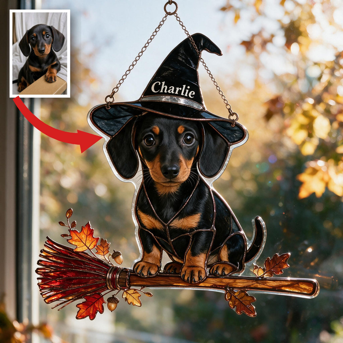 Personalisierter Halloween Schwarz- und Braun-Dackel Welpe 3D-gedruckter Glas-Sonnenfänger
