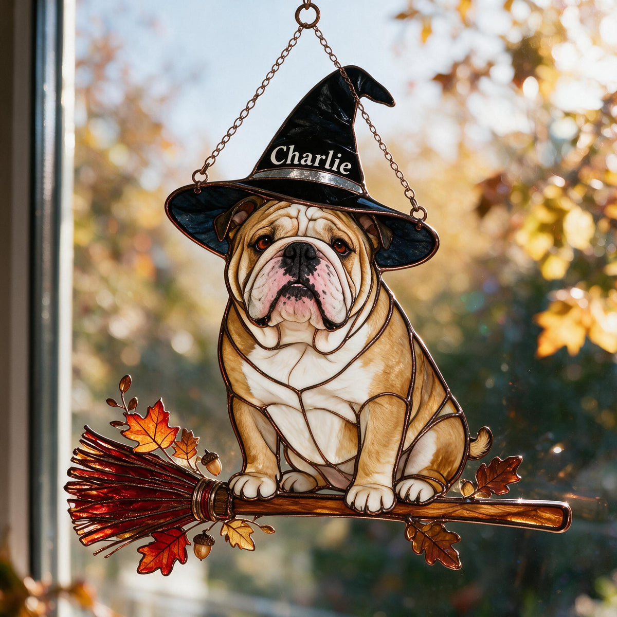 Personalized Halloween Fawn & White Bulldog 3D Printed Glass Suncatcher