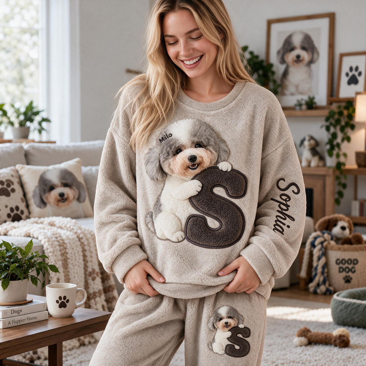 Personalized Adult Curly Fur Poodle Fleece Lounge Set Dog Lover Gift