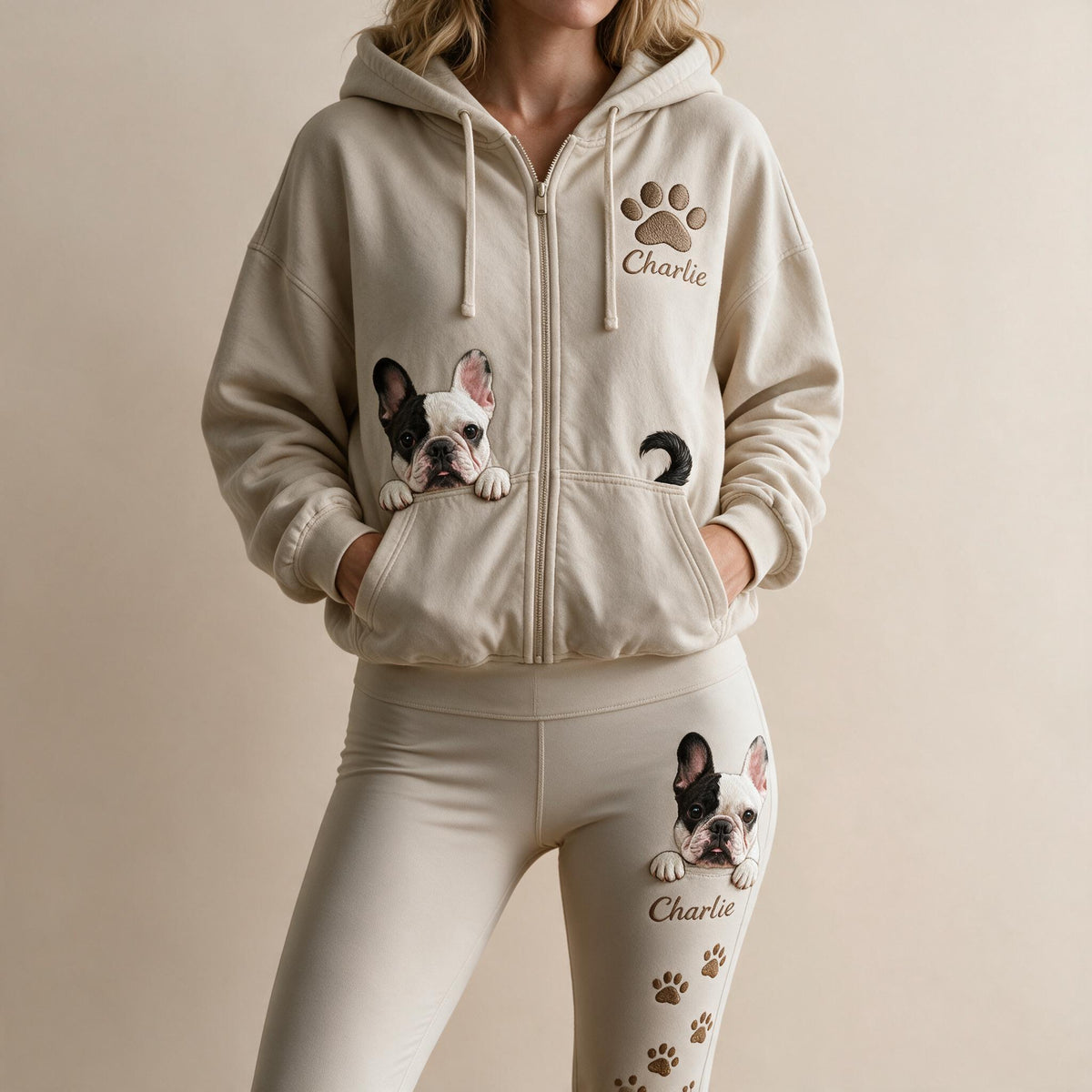 Personalized Black and White French Bulldog Zip Hoodie & Leggings Loungewear Set