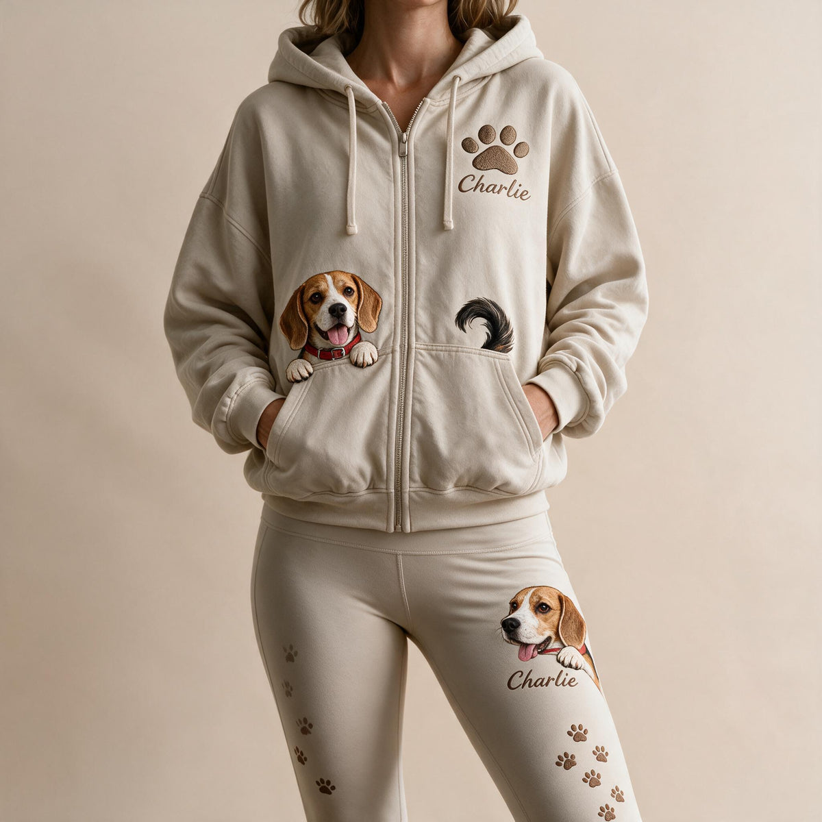 Personalized Adult Tricolor Beagle Zip Hoodie & Leggings Set Dog Lover Gift