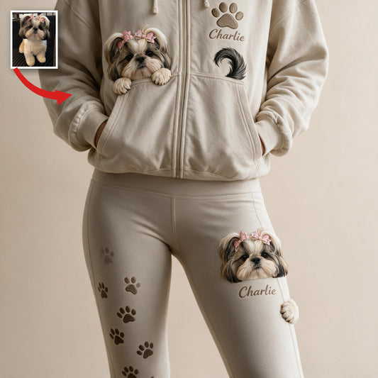 Personalized Fluffy Shih Tzu Zip Hoodie & Leggings Loungewear Set