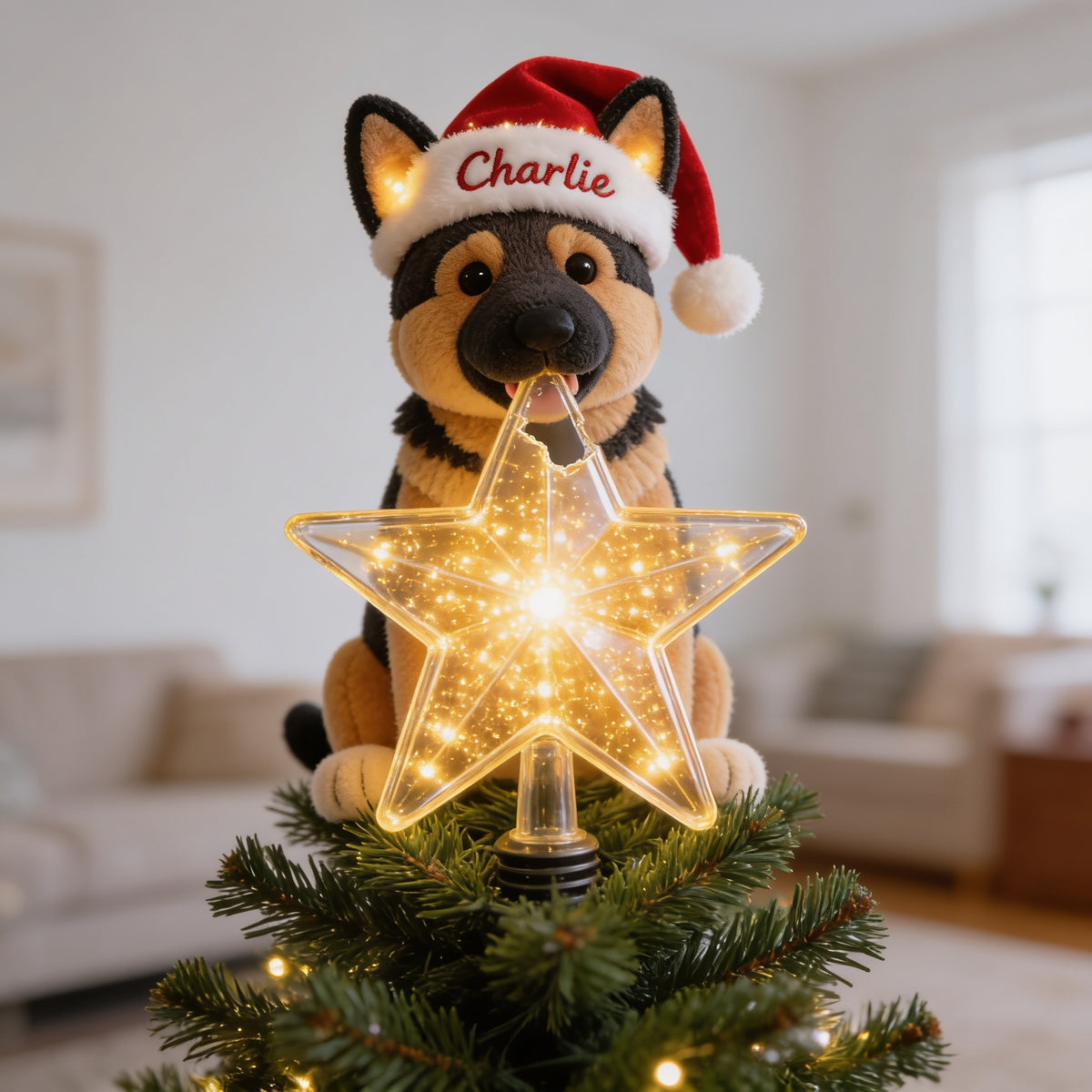 Personalized Christmas Black and Tan German Shepherd LED Tree Topper