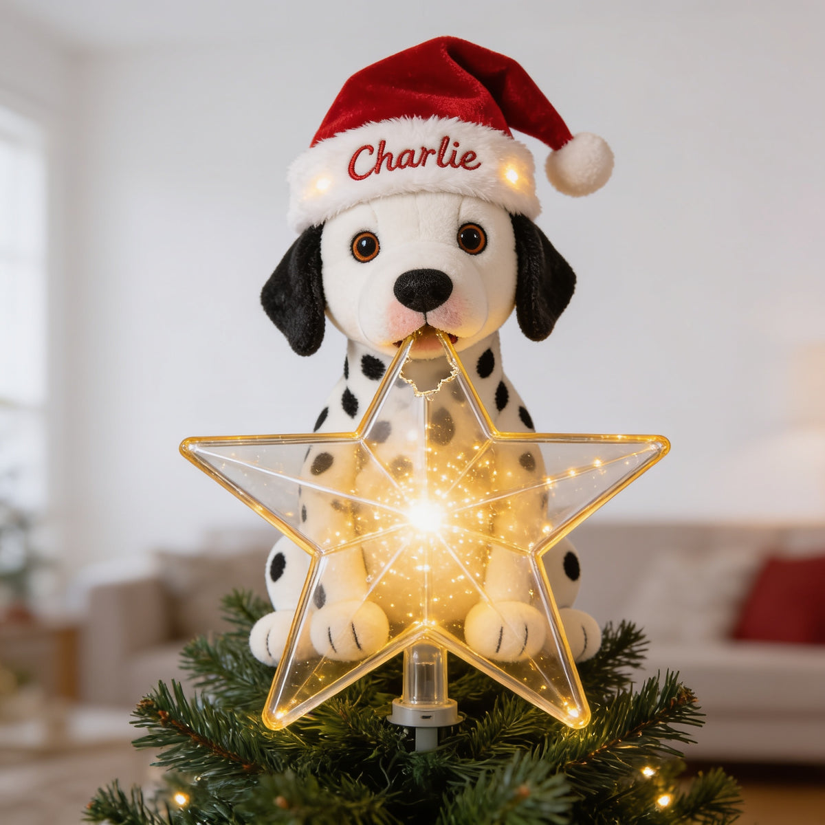 Personalized Christmas Black and White Spotted Dalmatian LED Tree Topper, Dog Lover Gift