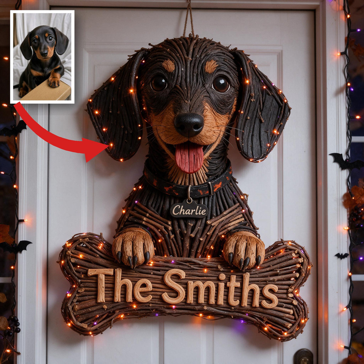 Personalized Halloween Black and Tan Dachshund Puppy LED Light Acrylic Sign