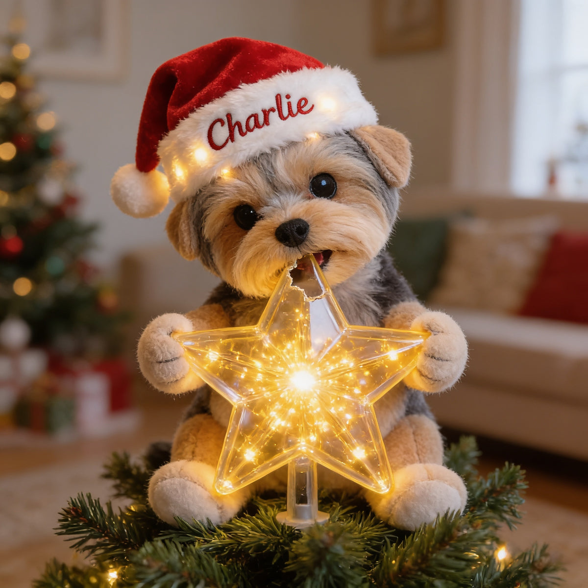 Personalisierter Weihnachts Yorkshire Terrier LED Lichtbaumspitze Geschenk für Hundeliebhaber