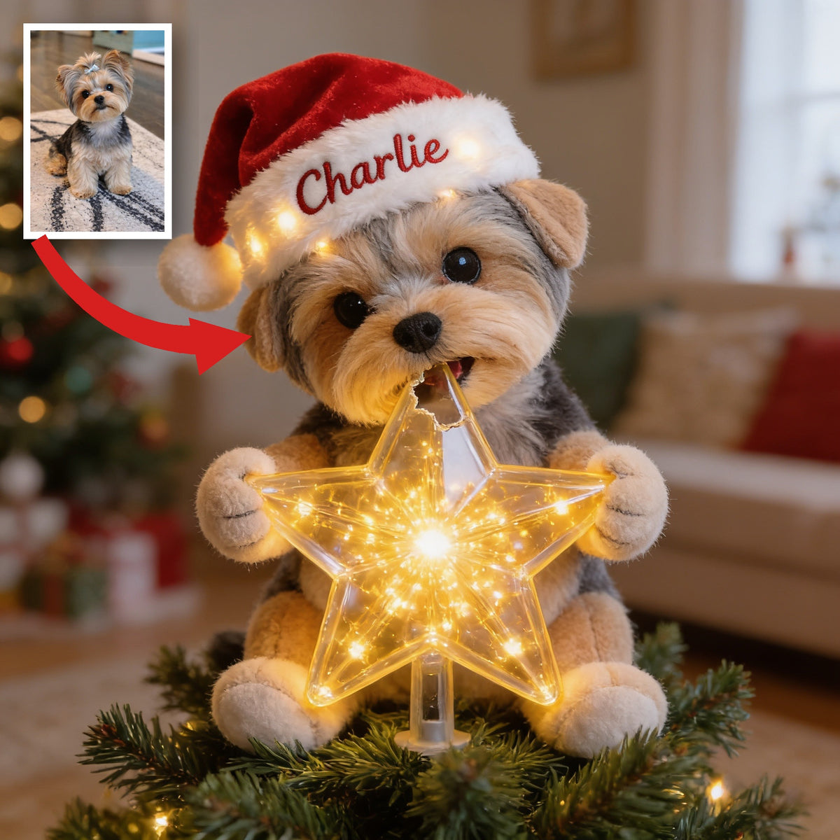 Personalisierter Weihnachts Yorkshire Terrier LED Lichtbaumspitze Geschenk für Hundeliebhaber