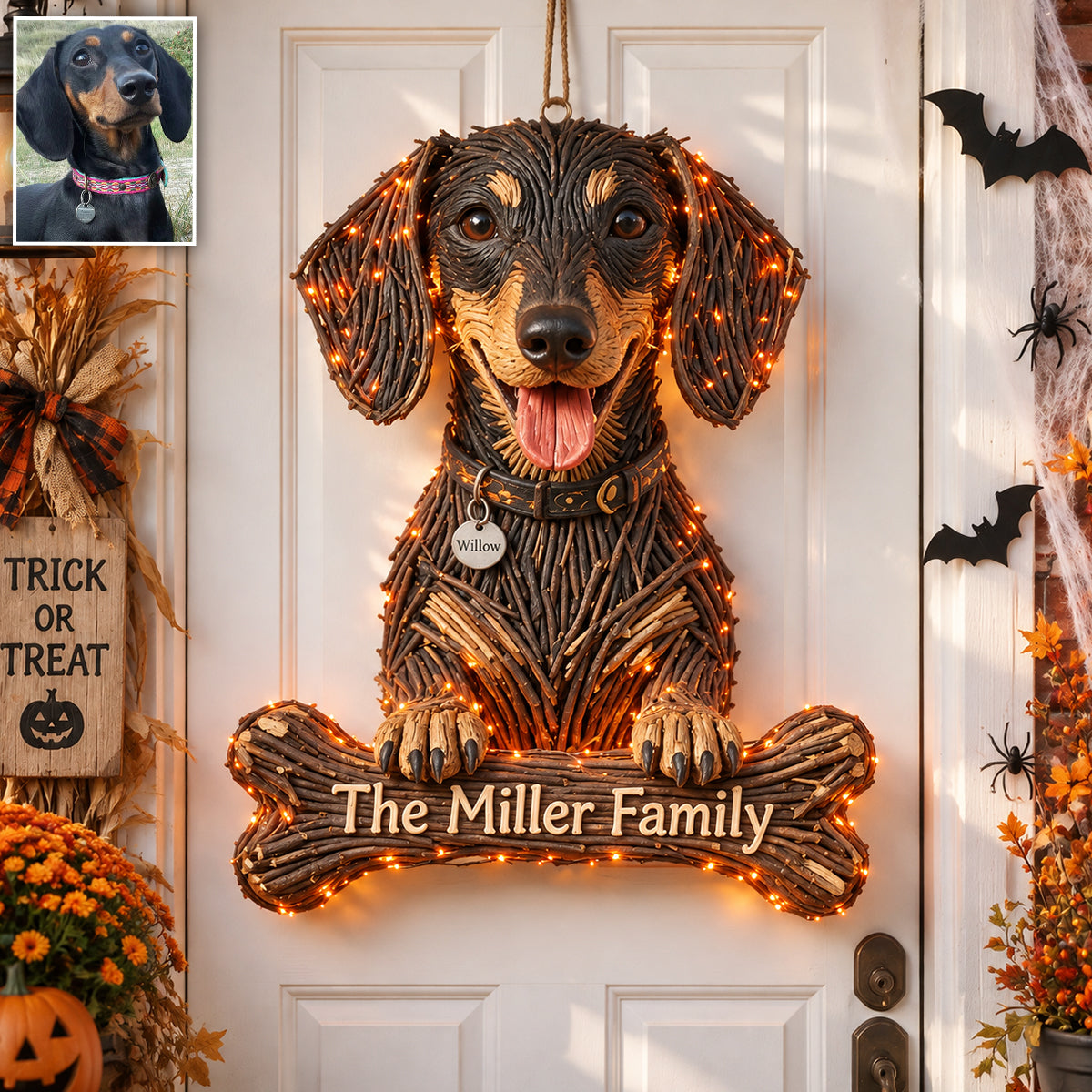 Personalized Halloween Black and Tan Dachshund Puppy LED Light Acrylic Sign
