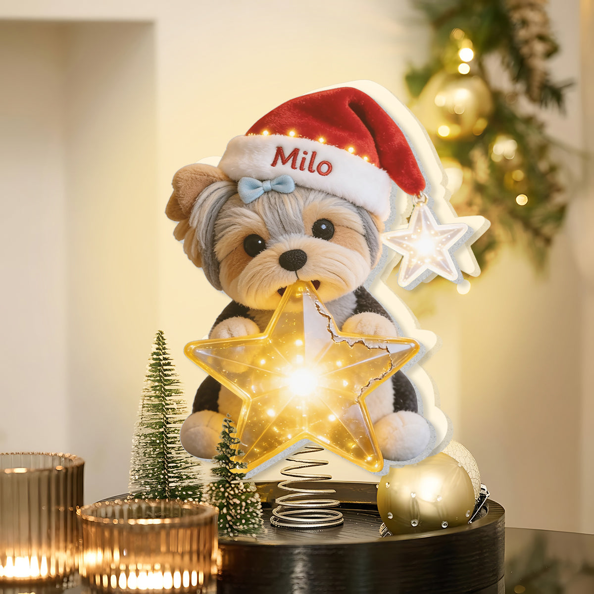 Personalisierter Weihnachts Yorkshire Terrier LED Lichtbaumspitze Geschenk für Hundeliebhaber