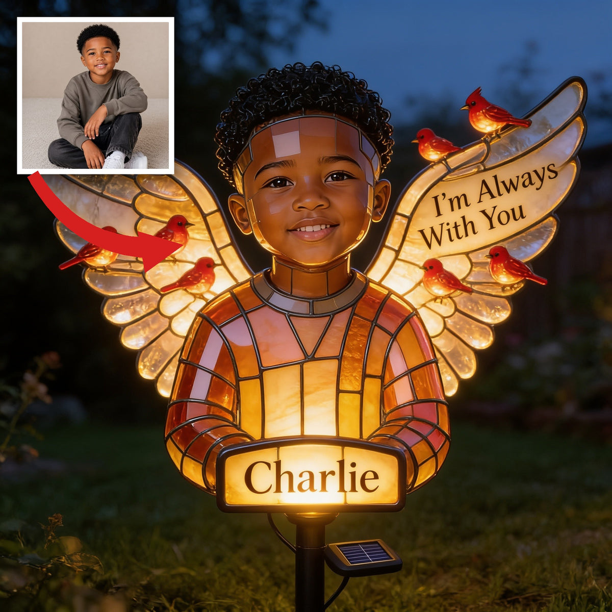 Personalized Black Little Boy Memorial Garden Solar Light Sympathy Gift