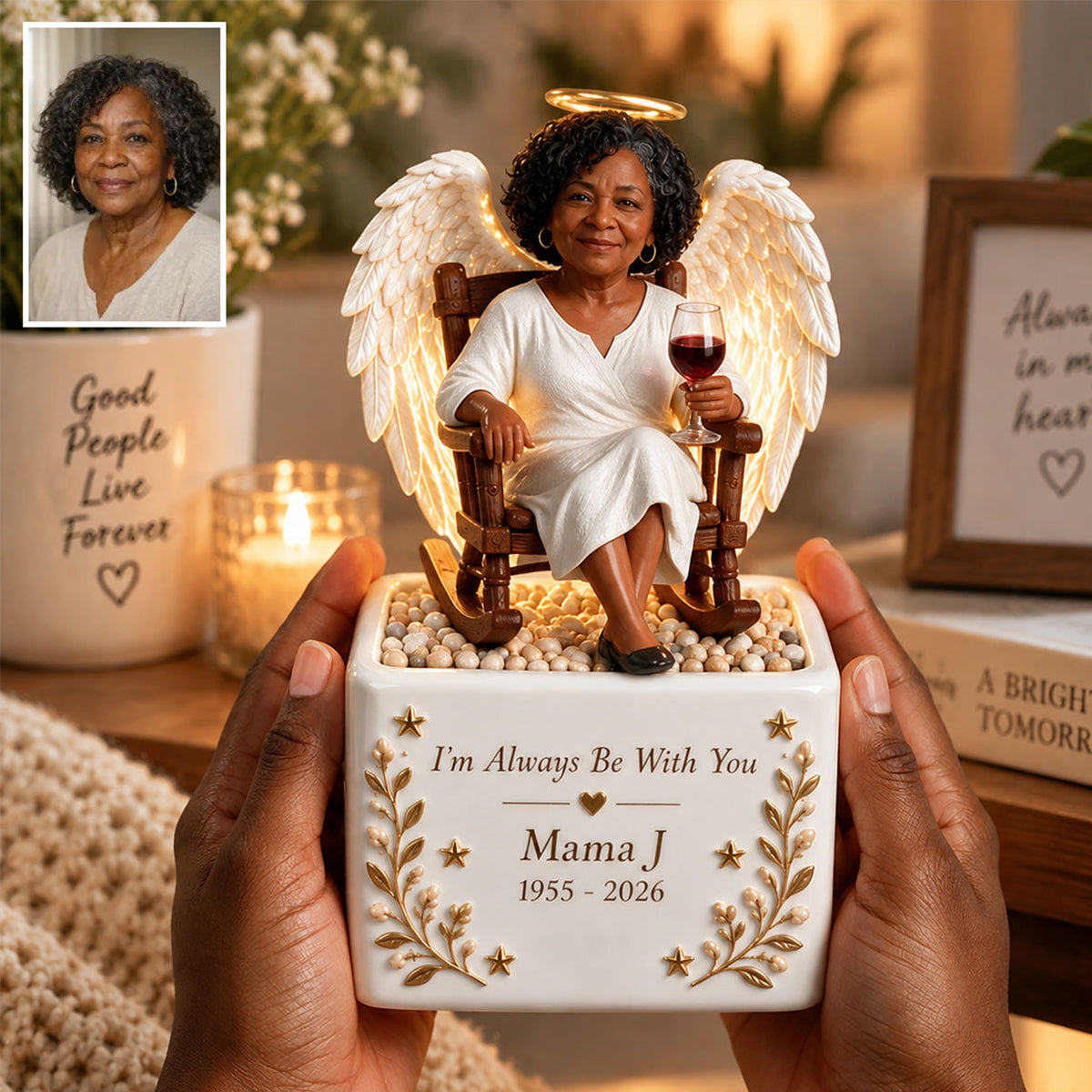 Personalized Middle-Aged Latina Woman Memorial LED Light Ceramic Pot Keepsake Gift