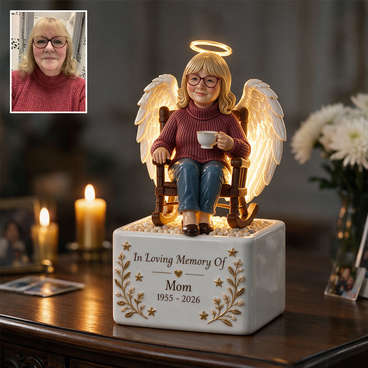 Personalized Middle-Aged Woman Memorial LED Light Ceramic Pot, Mom Wife Keepsake