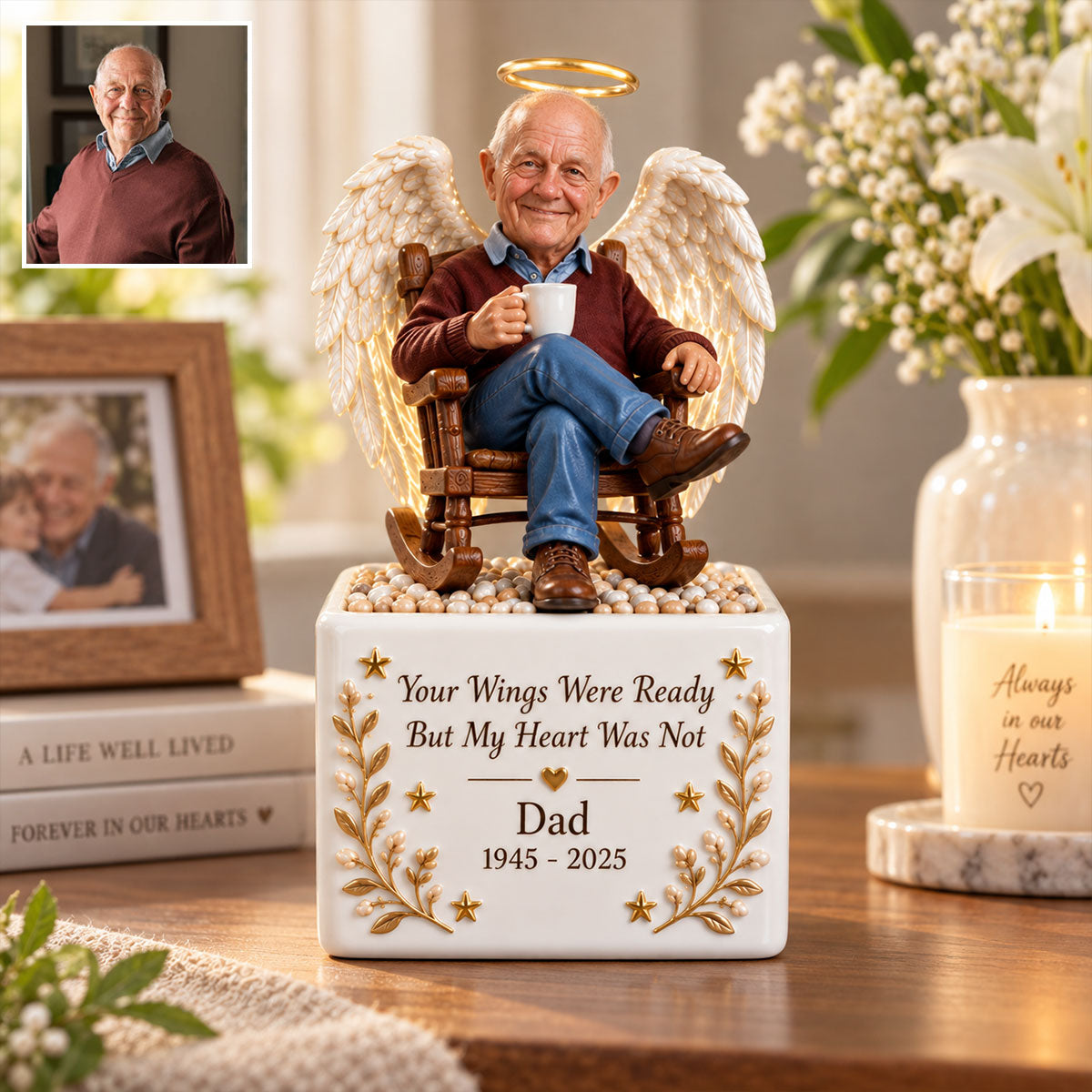 Personalized Older Latino Man Grandpa Memorial LED Light Ceramic Pot