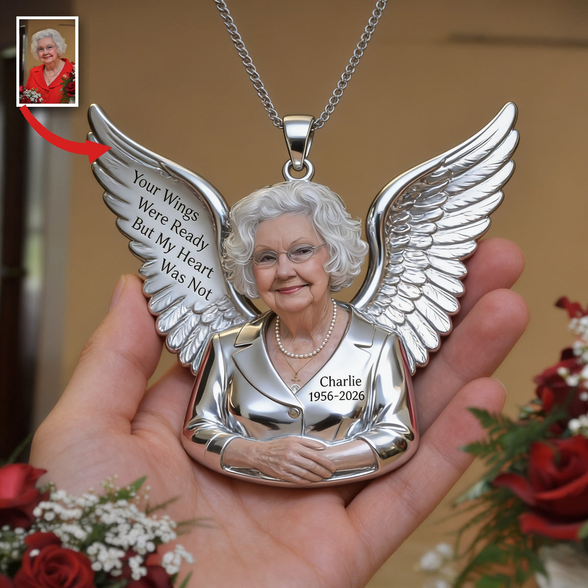 Personalized Older Woman Grandma Memorial Metal Pendant Necklace