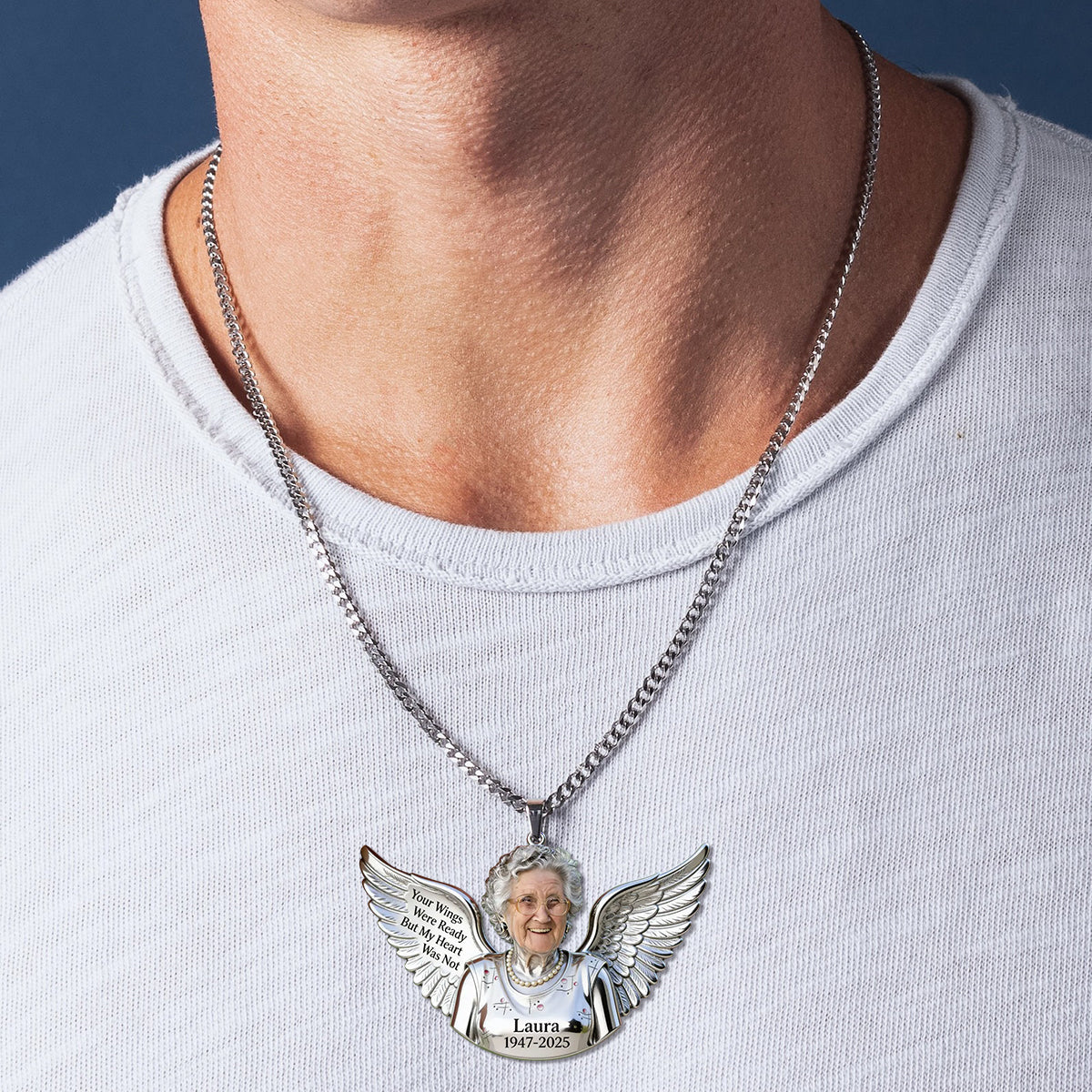 Personalized Memorial Man Angel Wing Metal Pendant Necklace