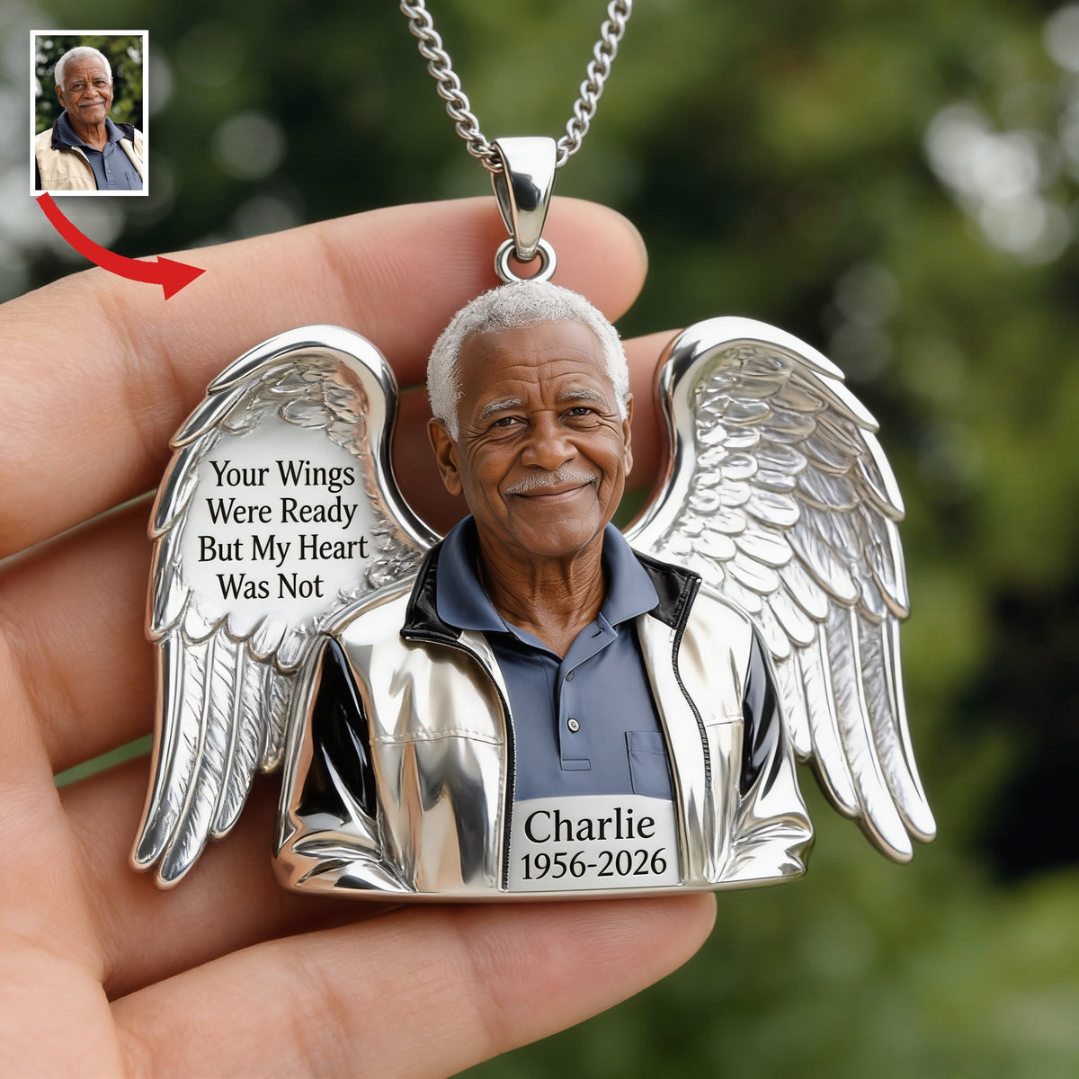 Personalized Older Black Man Grandpa Memorial Angel Wing Pendant Necklace