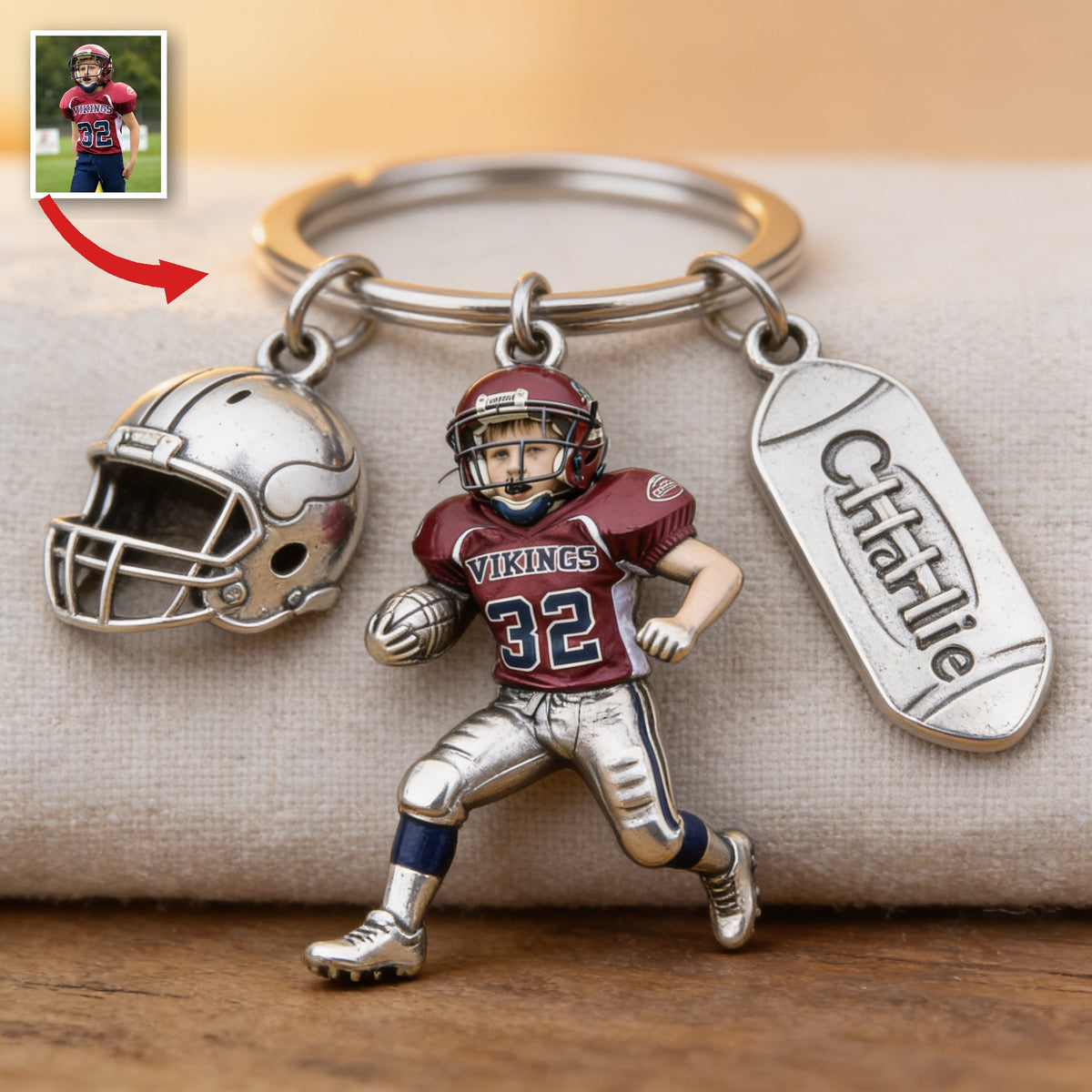 Personalized Youth American Football Player Keychain with Charms