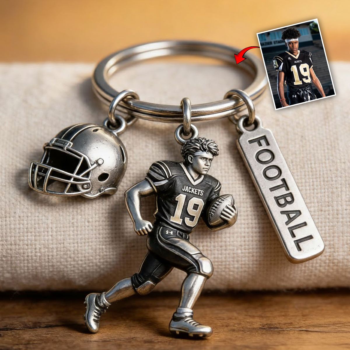 Personalized Latino Youth American Football Player Keychain with Charms