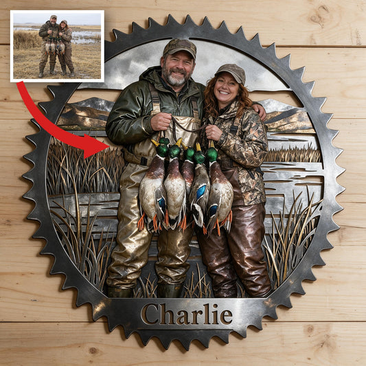 Personalisierte 3D Metall-Schild für Jagdpaare in der Midlife-Crisis