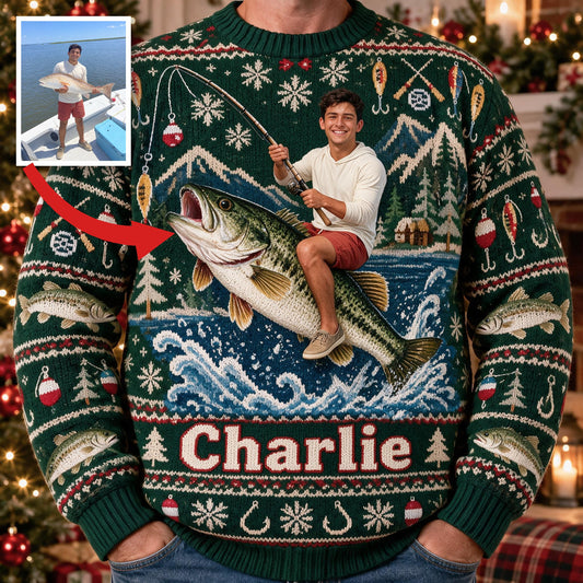 Personalized Christmas Latino Fisherman Riding Fish Ugly Sweater, Fishing Lover Gift