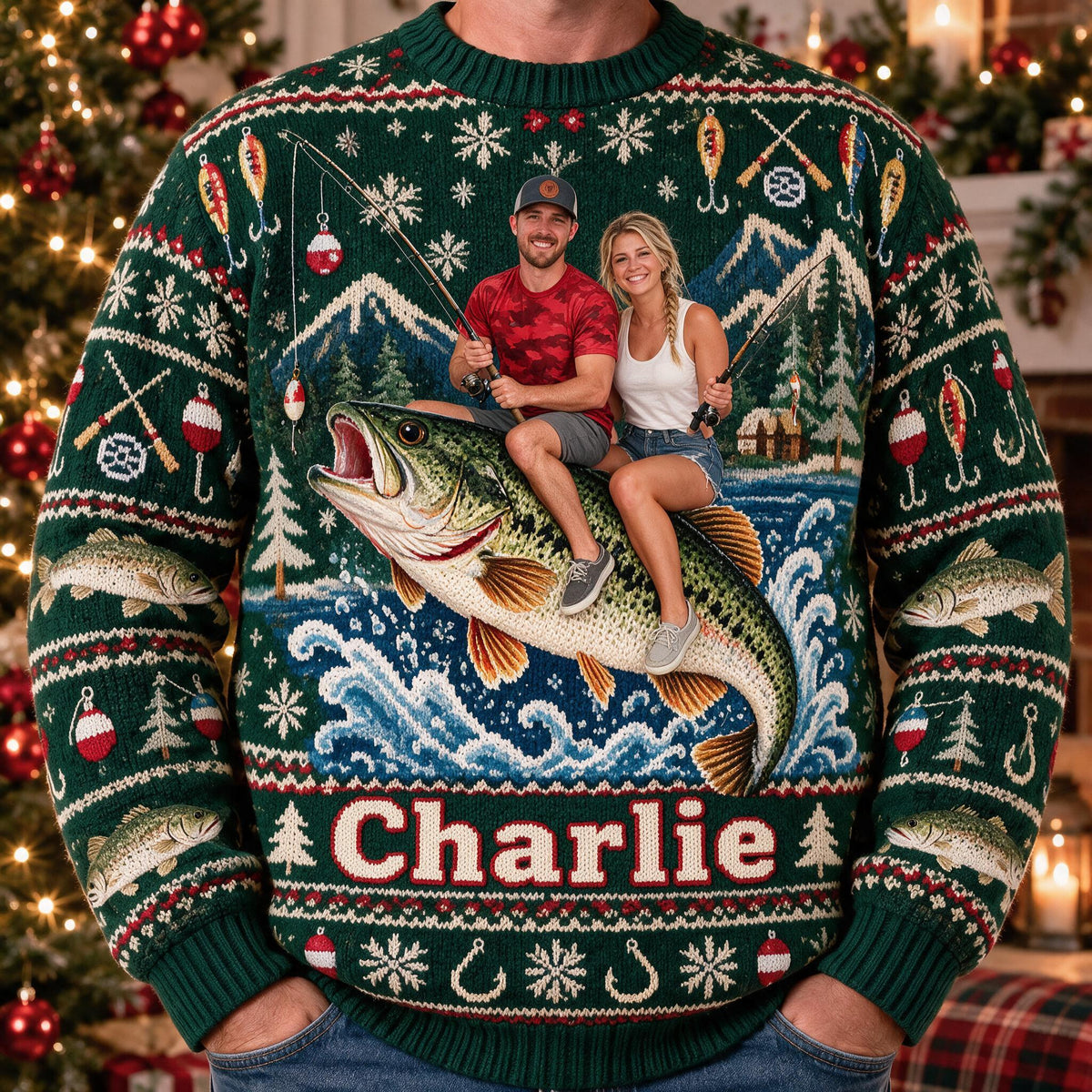 Personalized Christmas Fishing Couple Ugly Sweater