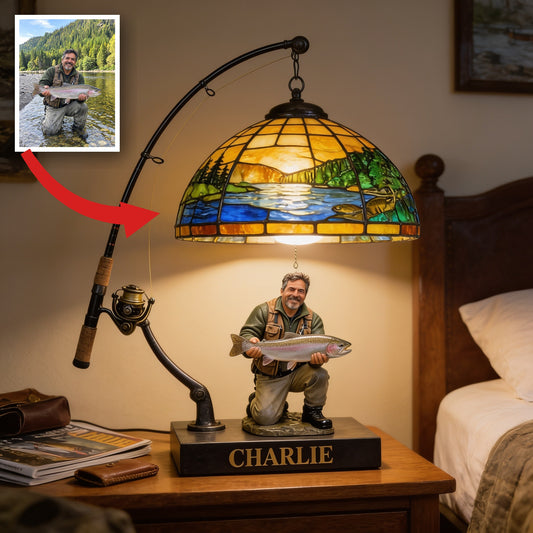 Personalized Middle-Aged Latino Fisherman Acrylic LED Night Light Fishing Lover Gift