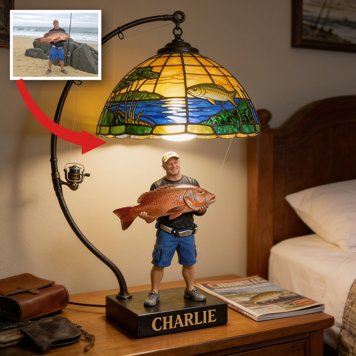 Personalized Middle-Aged Fisherman LED Night Light Fishing Lover Gift