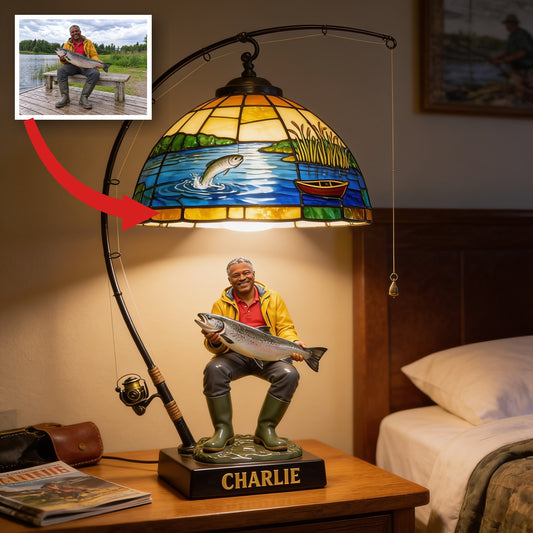 Personalized Middle-Aged Black Fisherman Acrylic LED Night Light Fishing Lover Gift