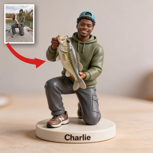 Personalisierte Schwarze Fischer 3D Figur Individuelles Angelgeschenk