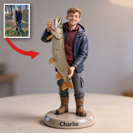 Personalisierte Fischer 3D Figur, individuelles Geschenk für Angelfreunde