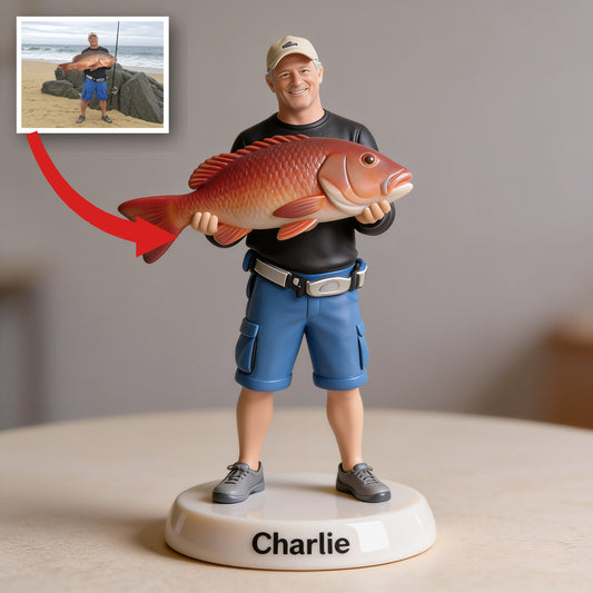 Personalisierte 3D-Figur eines mittelalten Fischers, individuelles Angelgeschenk