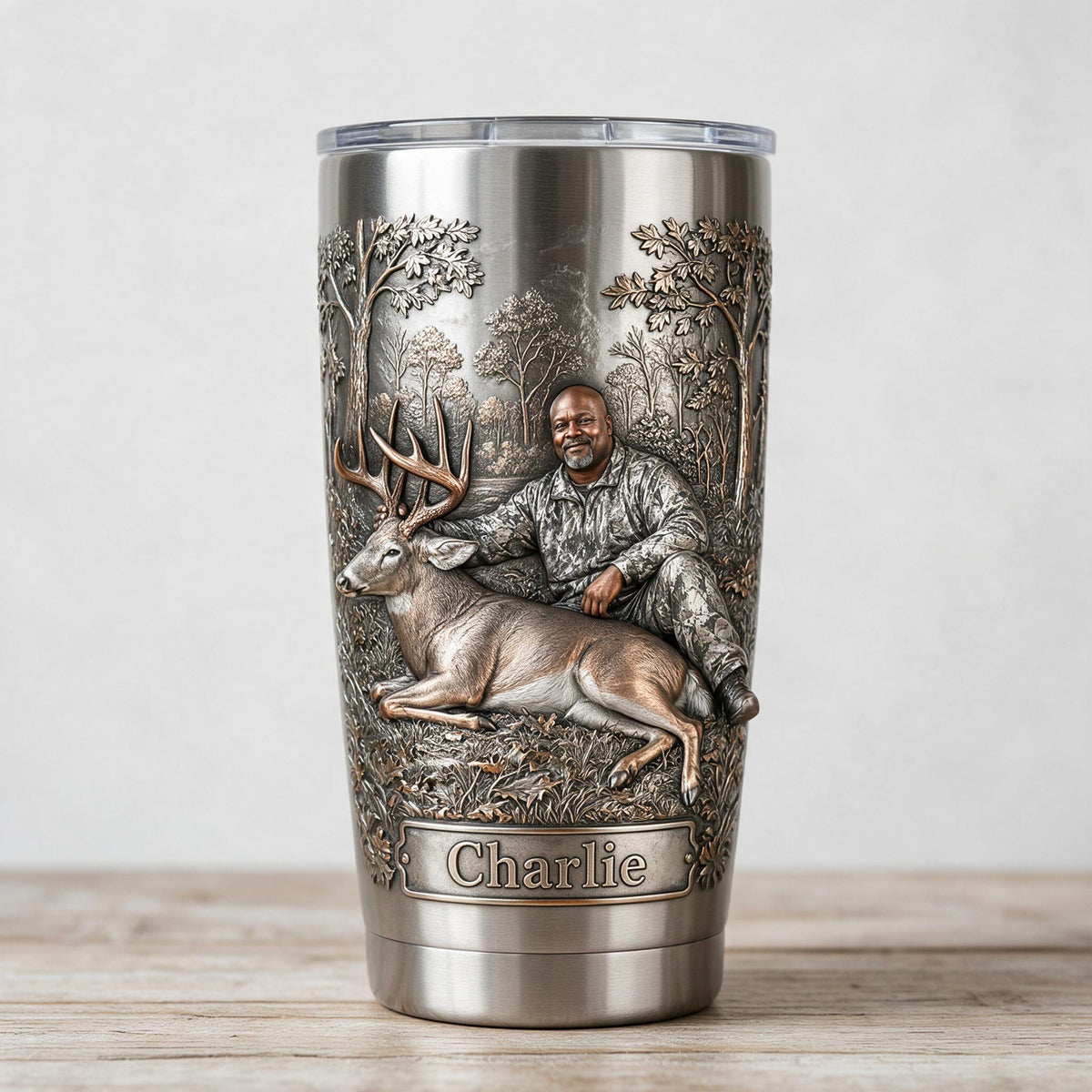 Personalized Middle-Aged Black Hunter with Deer Hunting Tumbler, Hunter Gift