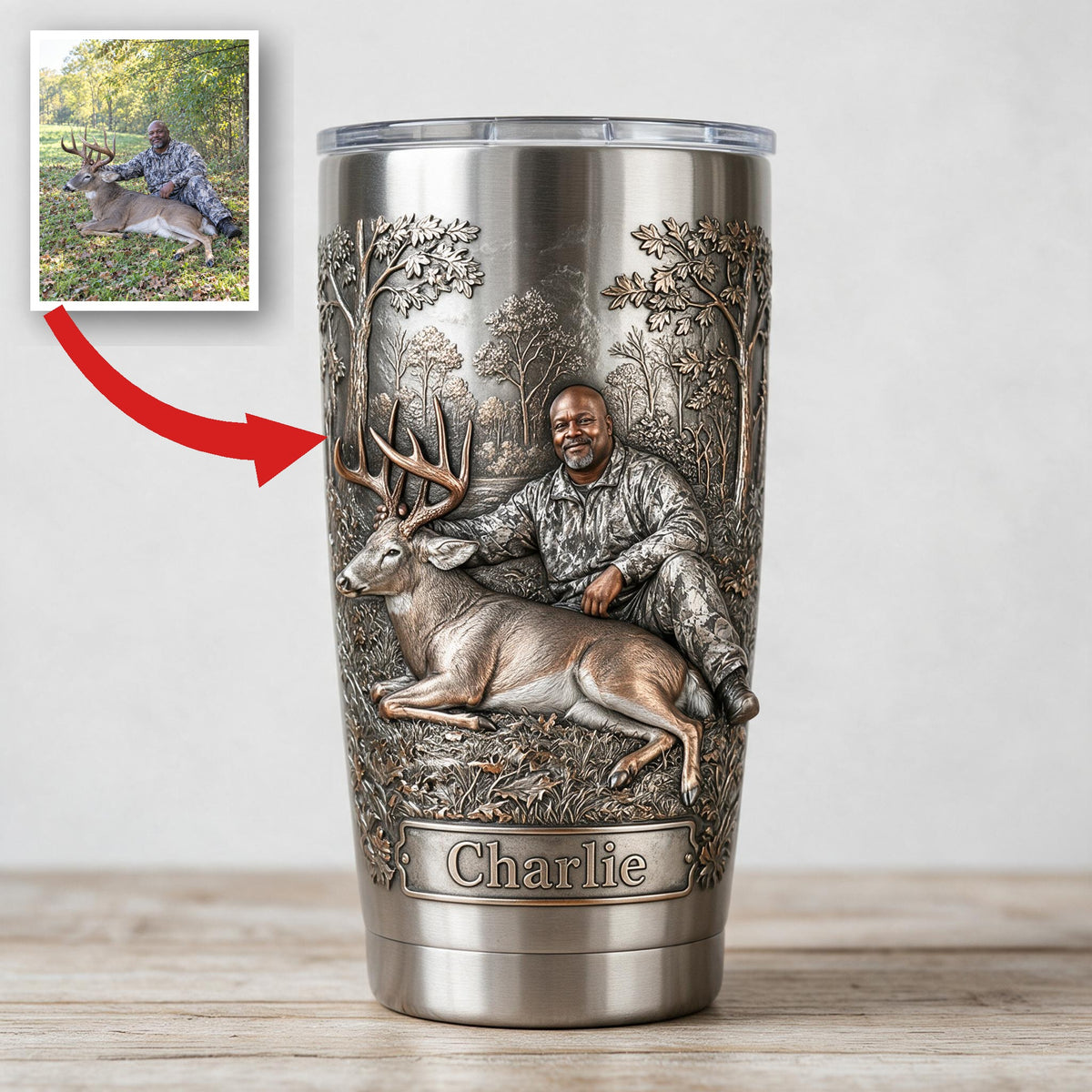 Personalized Middle-Aged Black Hunter with Deer Hunting Tumbler, Hunter Gift