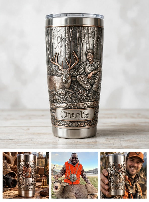 Personalized Black Hunter with Deer Hunting Tumbler