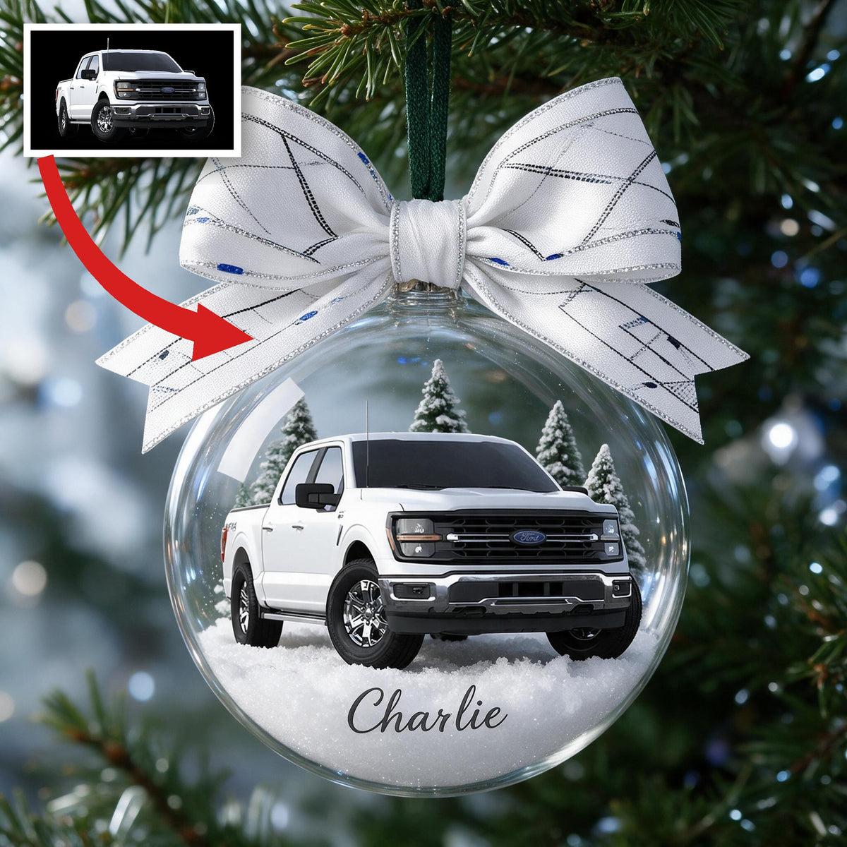 Personalized Christmas White Ford Pickup Truck Snow Globe Ornament Car Lover Gift