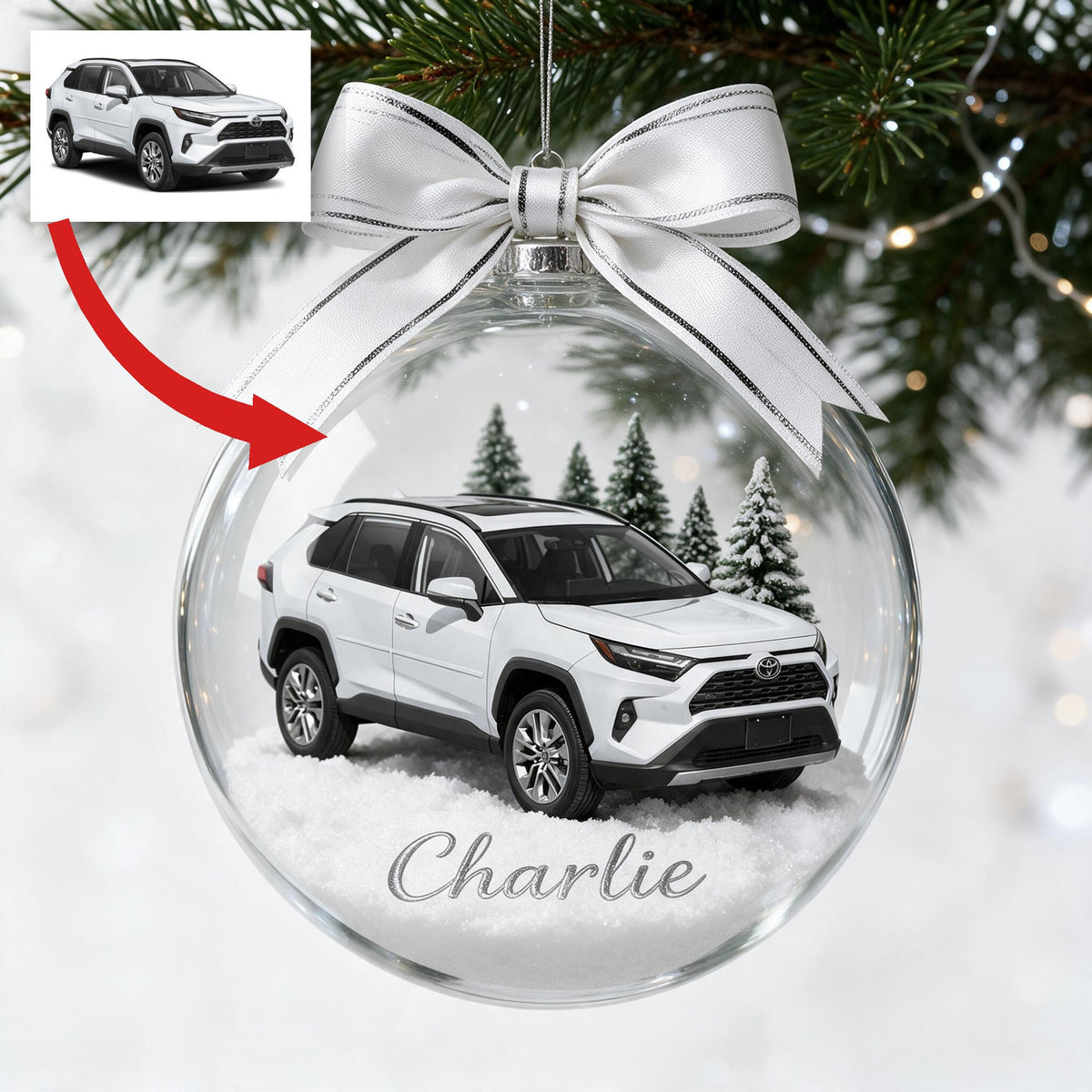 Personalized Christmas White Toyota RAV4 Snow Globe Ornament Car Lover Gift